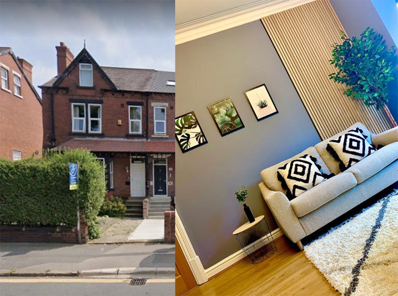 Harrogate Road exterior alongside a styled living room