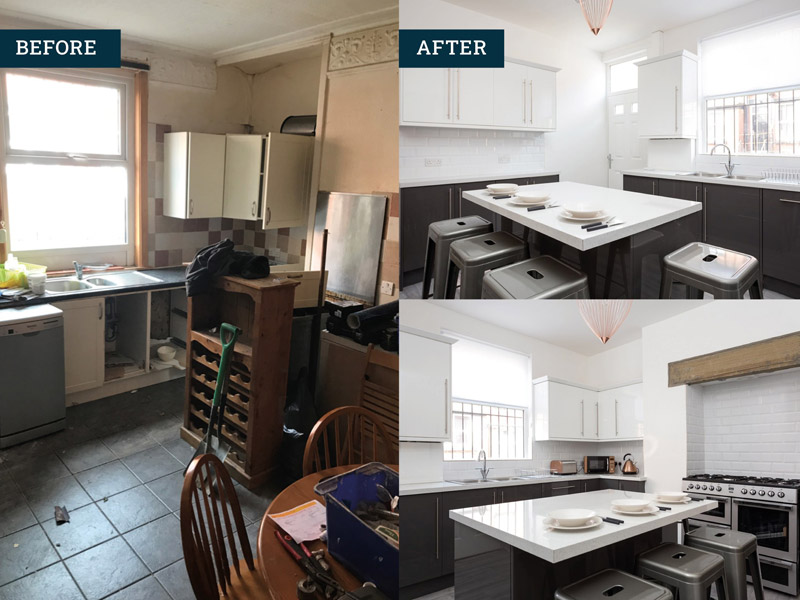 Before and after: a dated kitchen transformed with white units and an island