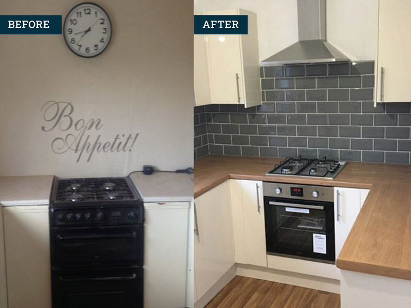 Before and after: a kitchen refitted with grey metro tiles and oak worktops