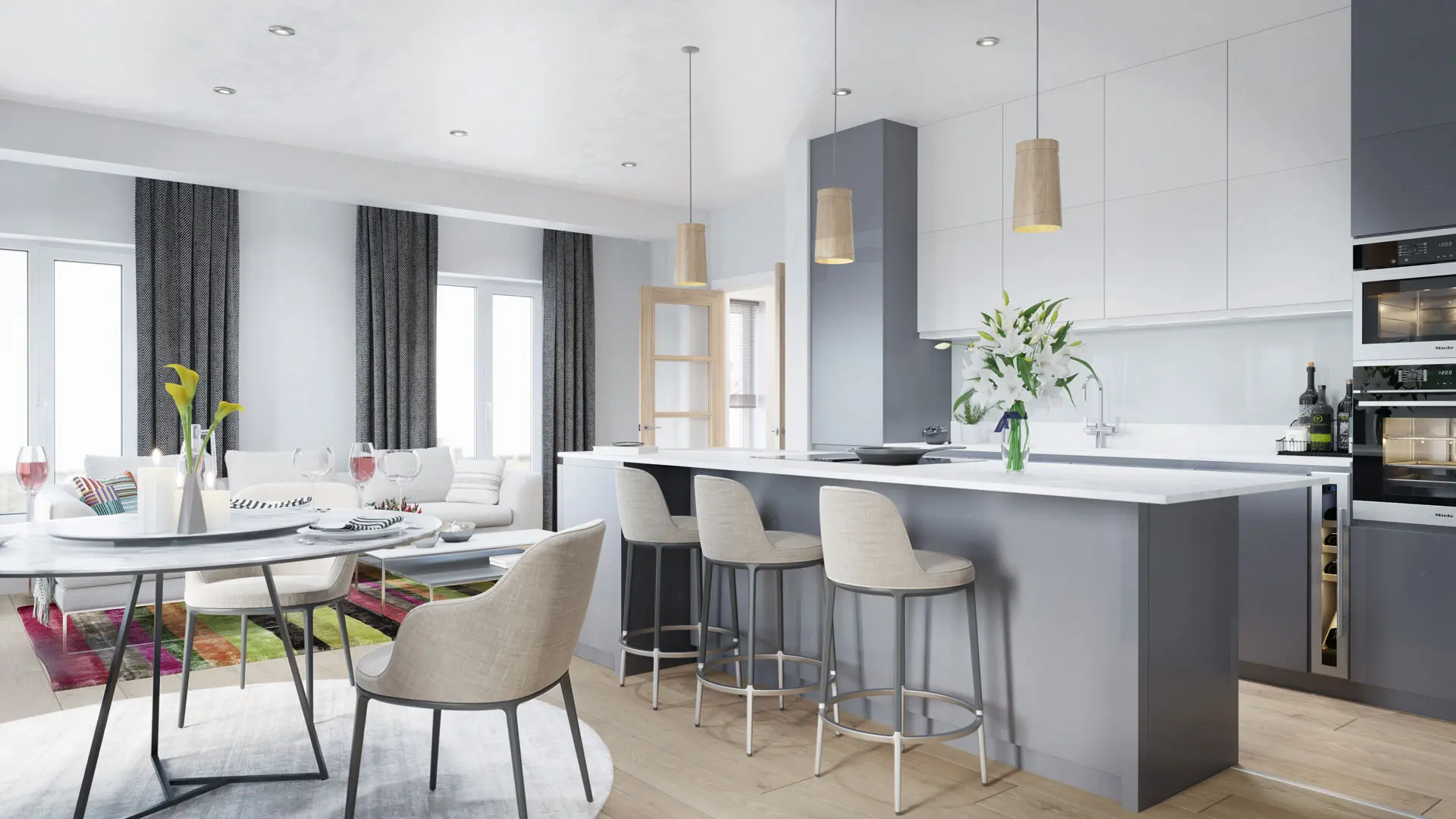 Kitchen island with bar stools and integrated appliances