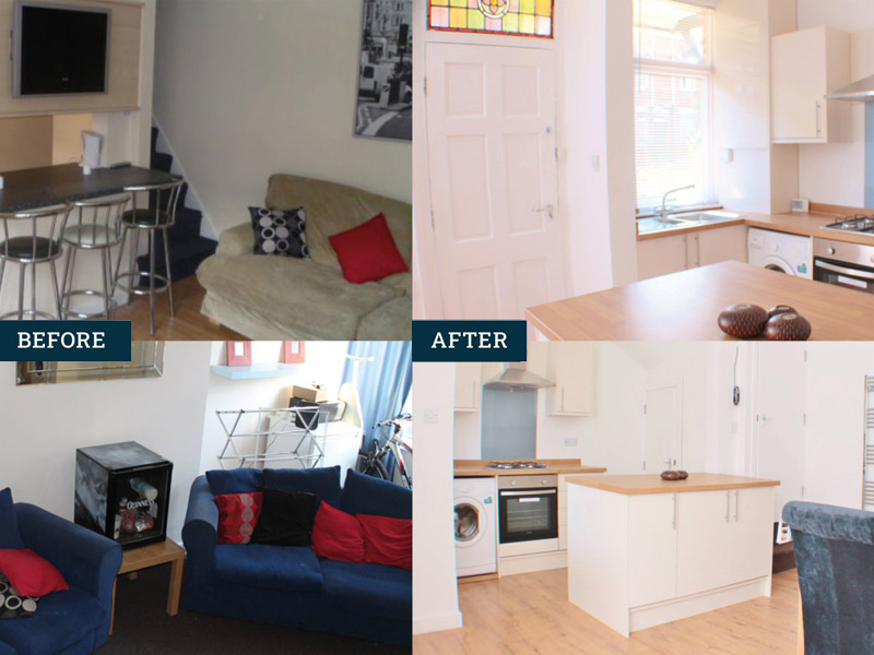 Before and after: a cluttered living room and kitchen opened up and modernised