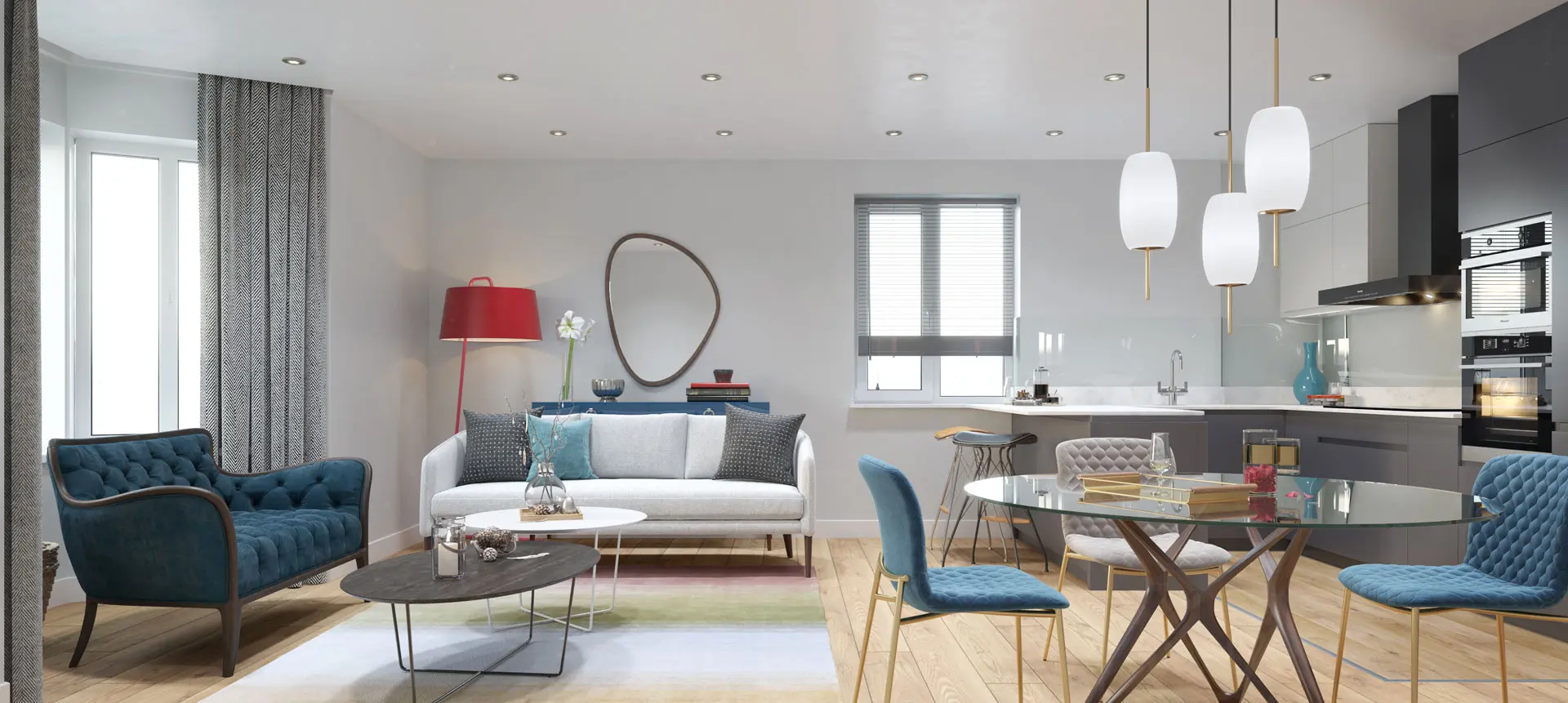 Living room at Southfield, Harrogate, with velvet chairs and pendant lights