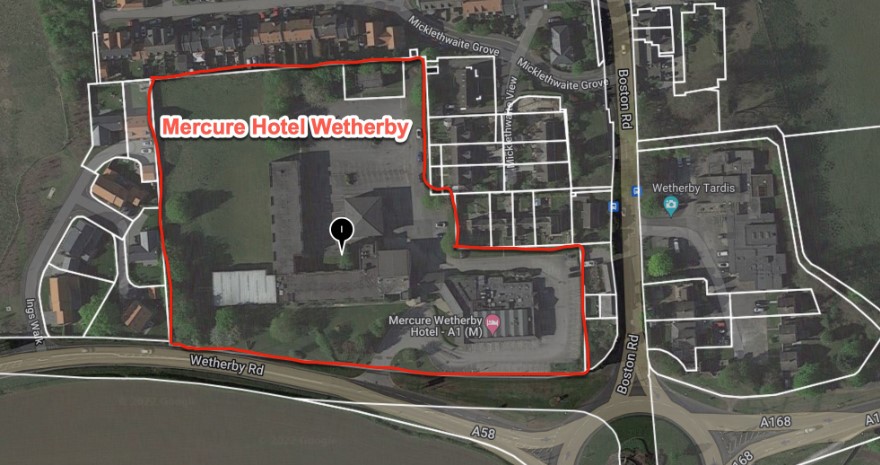 Aerial view of the Mercure Hotel site in Wetherby outlined in red