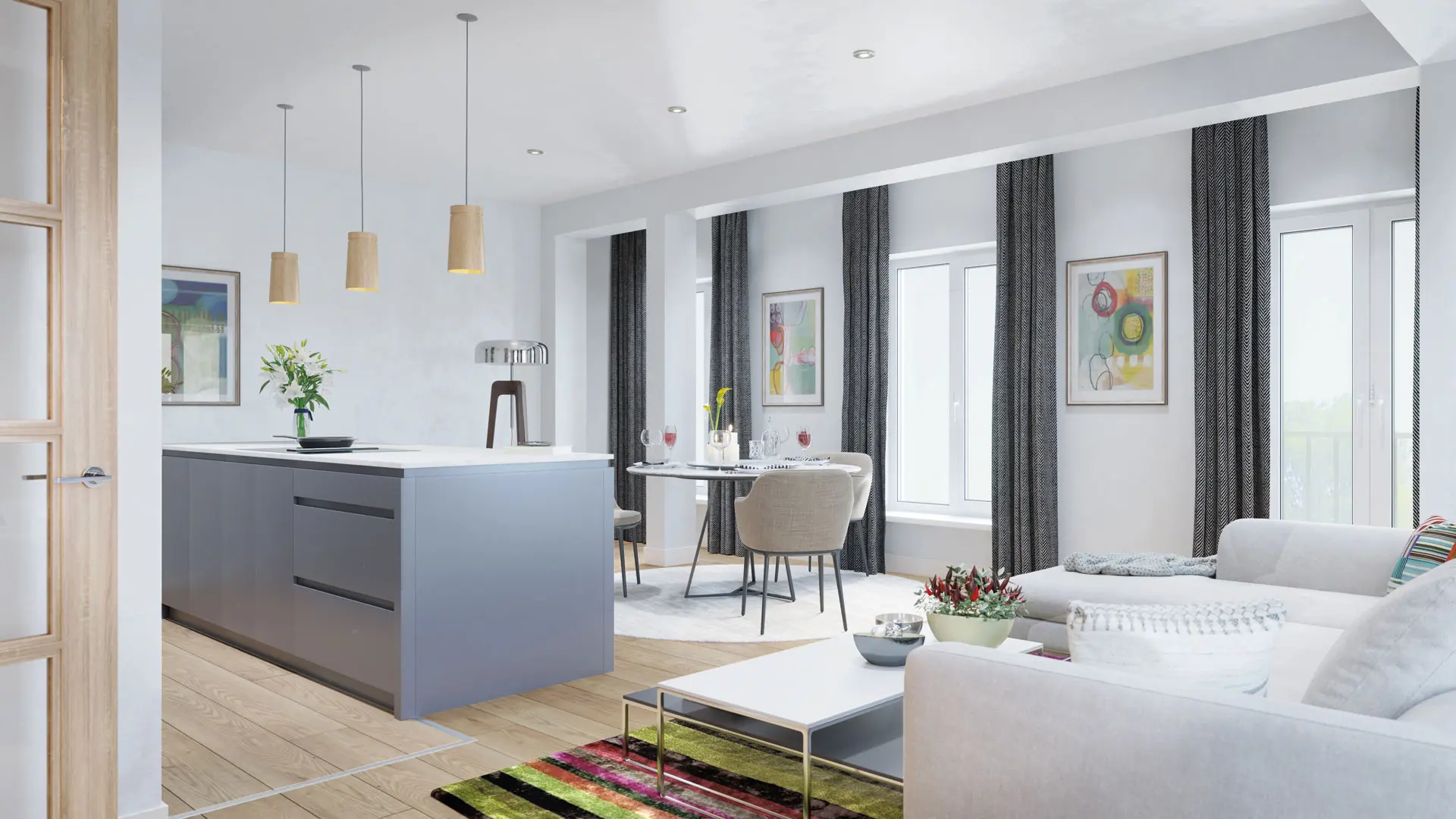 Bright open-plan living space with kitchen island and pendant lights at Southfield