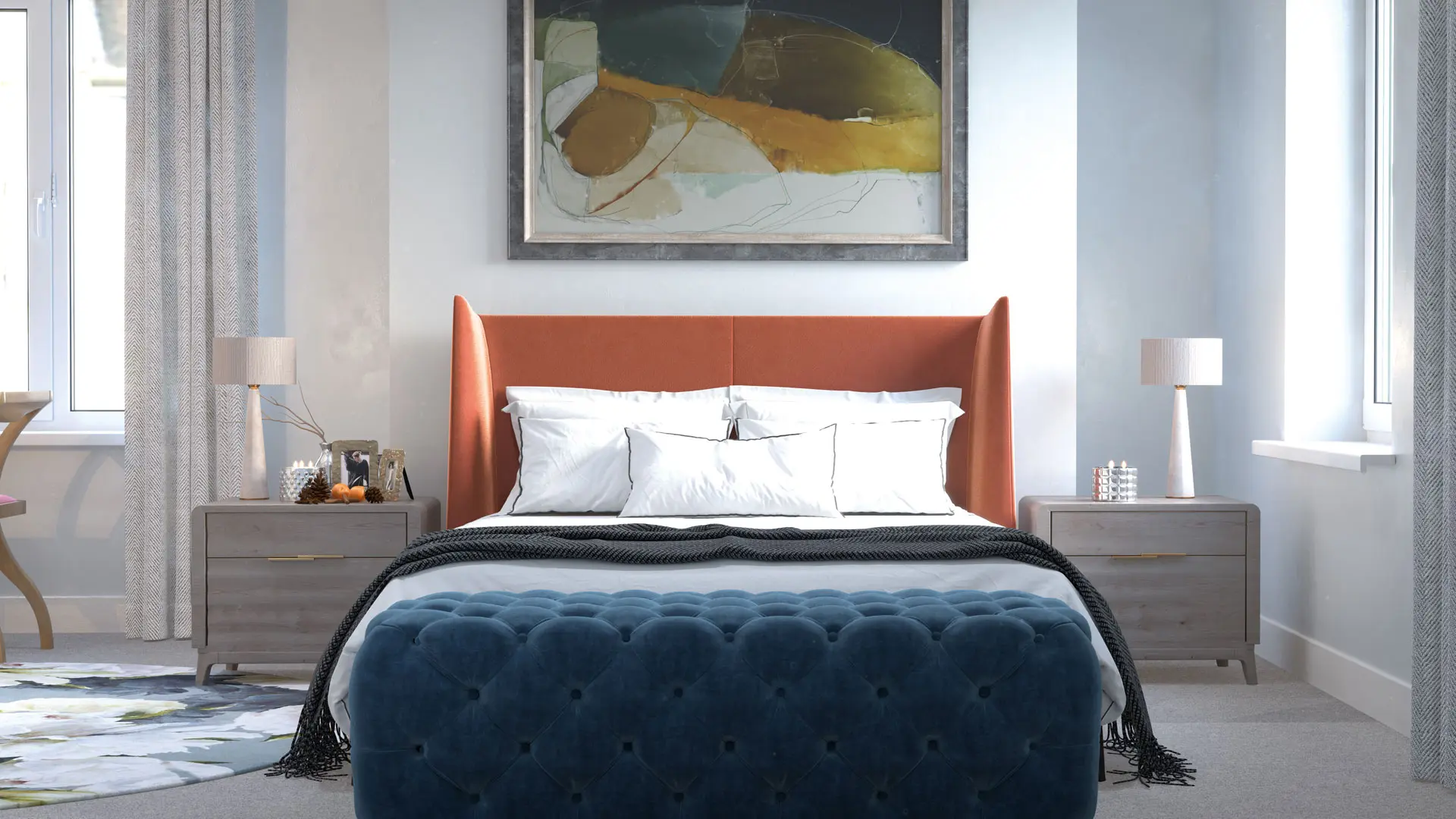 Principal bedroom with a velvet bed and tall windows