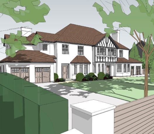 Illustration of a large Arts and Crafts style house on Rutland Drive